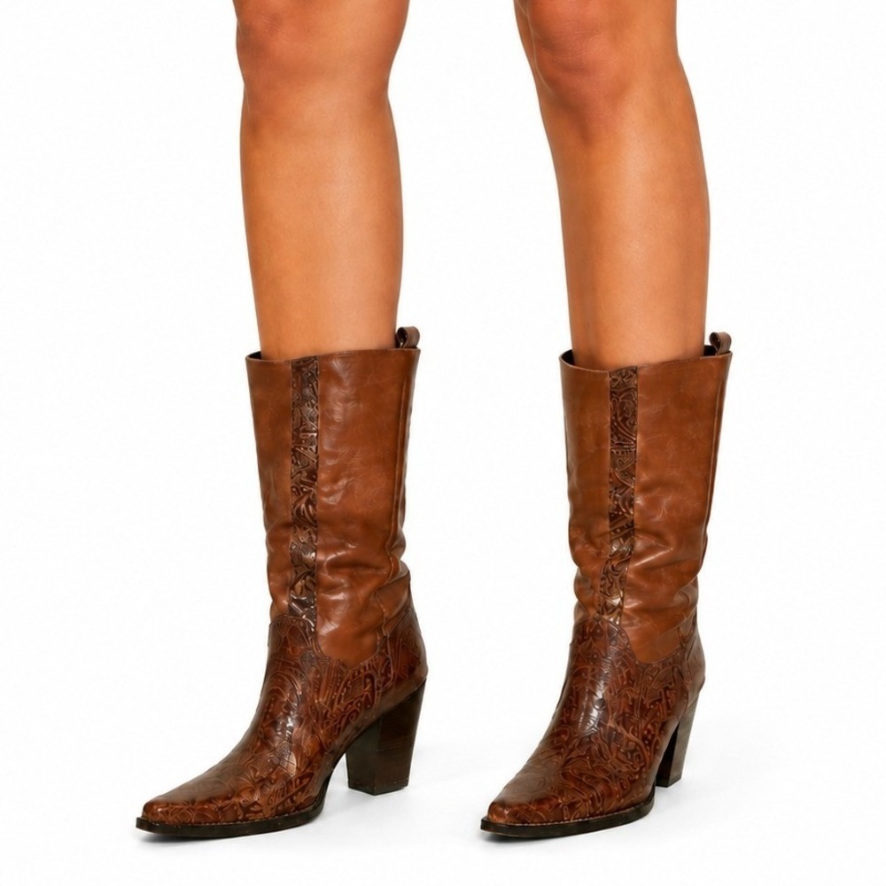 Antonio Melani Cassidy Boots Women 7.5 Brown Leather Western Embossed Pointed